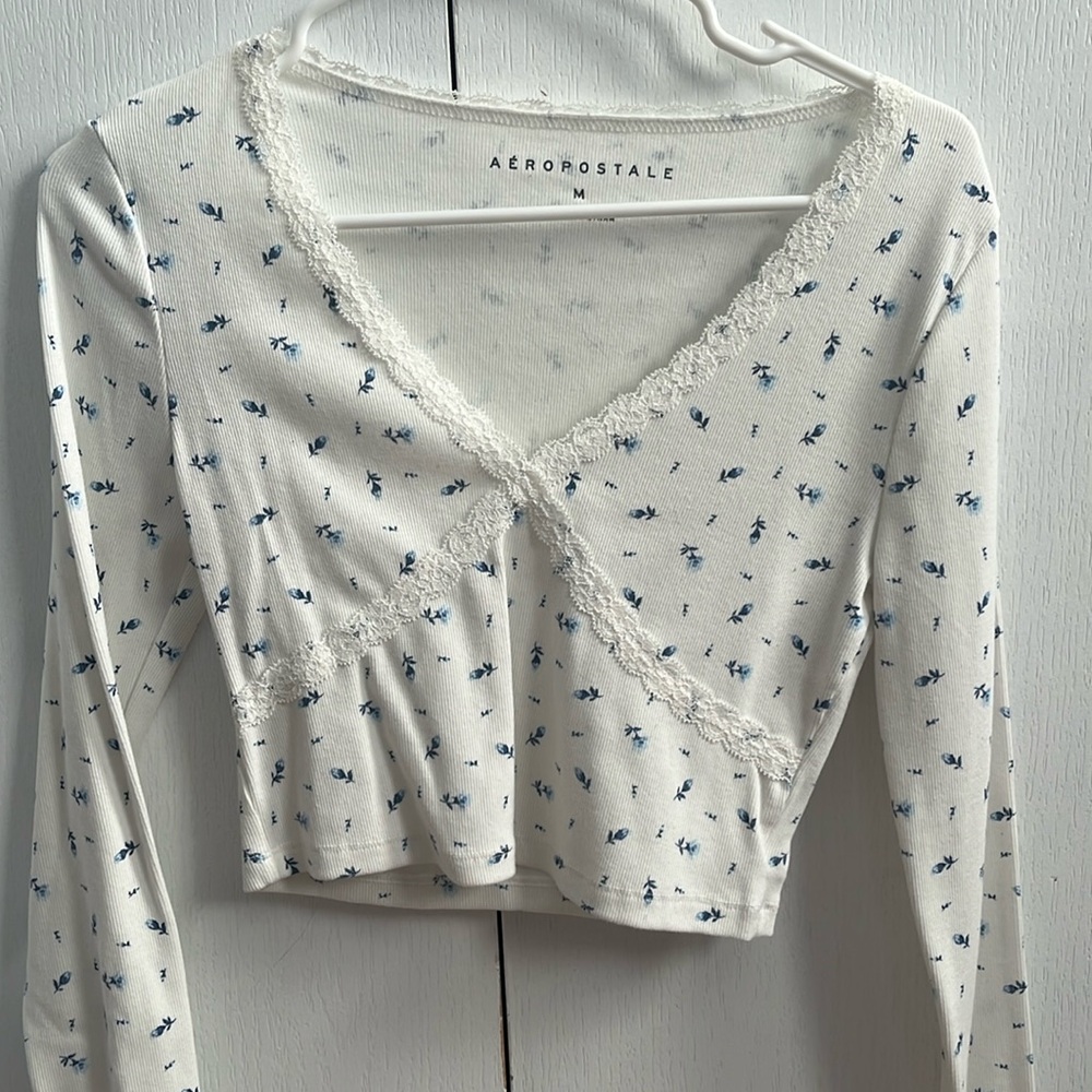 Cropped Lace Floral Long Sleeve Top